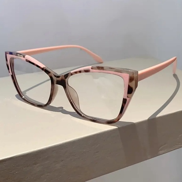 Cat Eye Leopard Color Block Frame Clear Lens Glasses - Picture 3 of 4